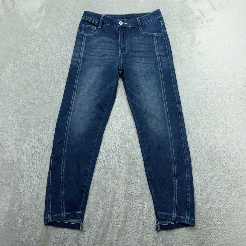 Halara Jeans Women S Petite Blue High Waisted Tapered Split Hem Seam Denim